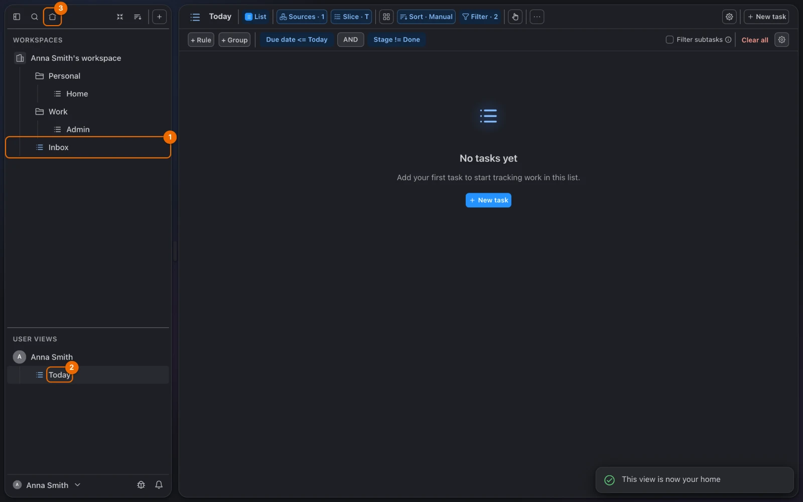 Hule with the personal view Today as the home page: the sidebar shows Personal/Home, Work/Admin and Inbox, Today sits under User Views, and the Today view is open with its two filter rules