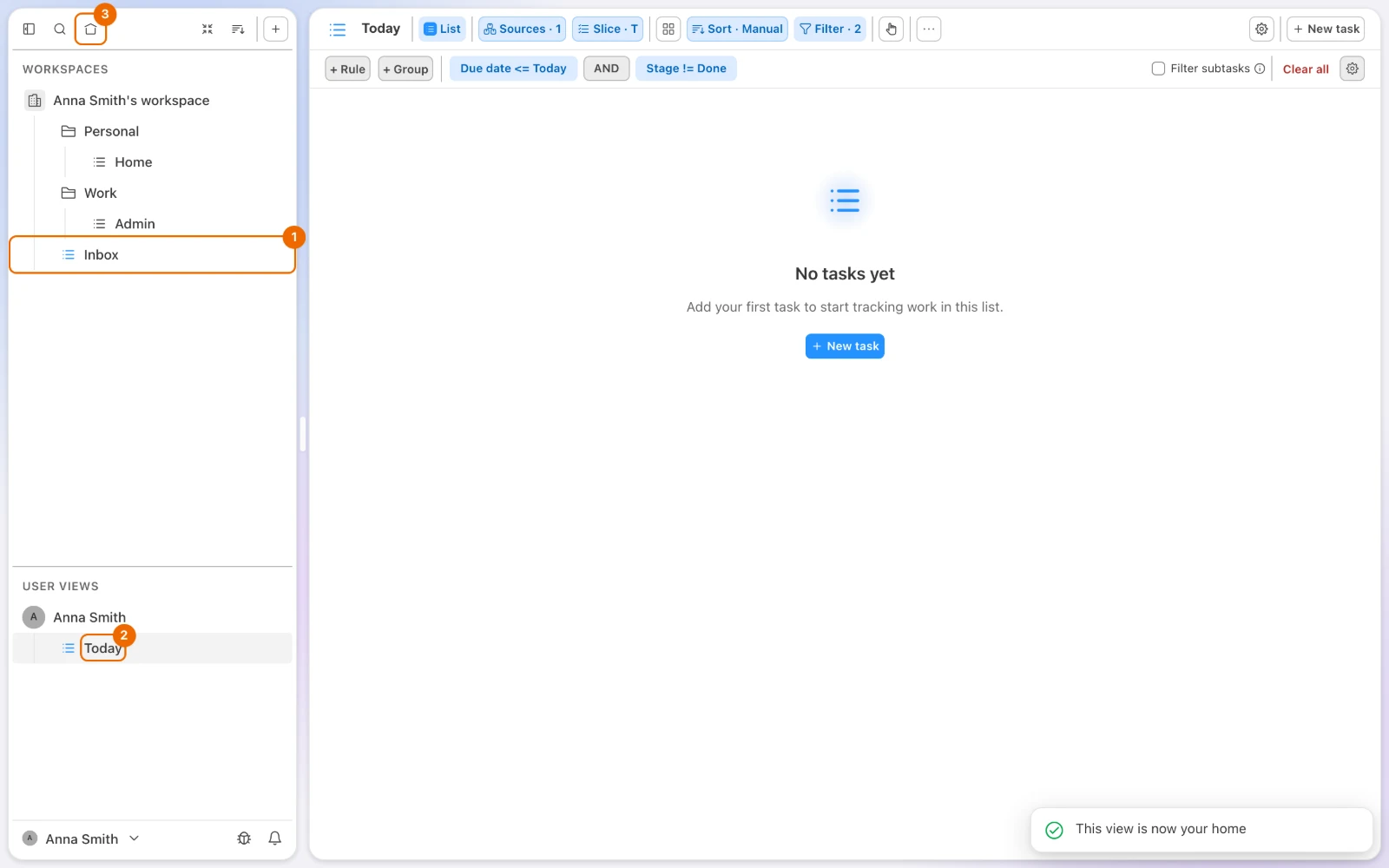 Hule with the personal view Today as the home page: the sidebar shows Personal/Home, Work/Admin and Inbox, Today sits under User Views, and the Today view is open with its two filter rules