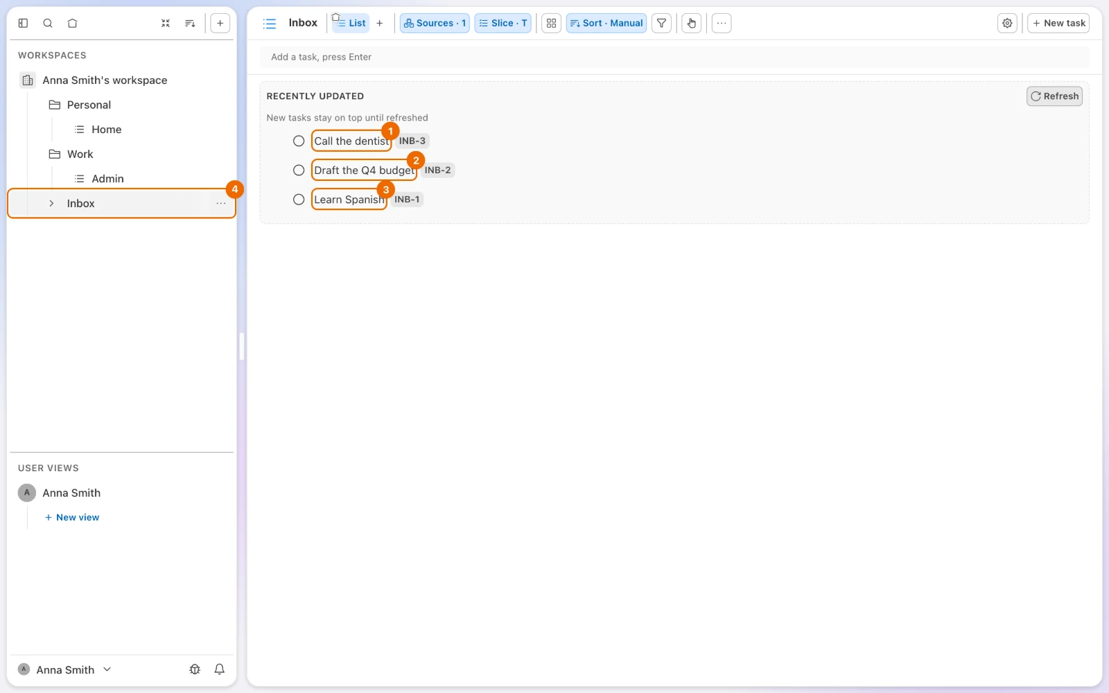 The Inbox list with three tasks: Call the dentist, Draft the Q4 budget and Learn Spanish