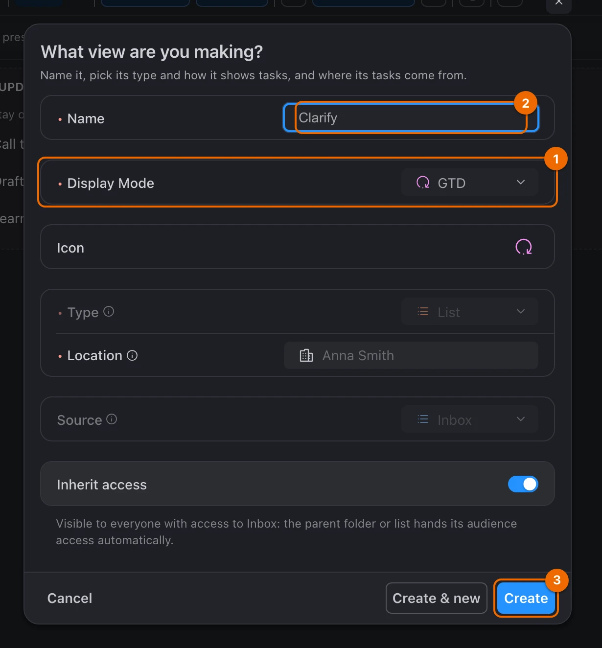 New view form opened from the Inbox list: Display Mode GTD, Name Clarify, and the Create button