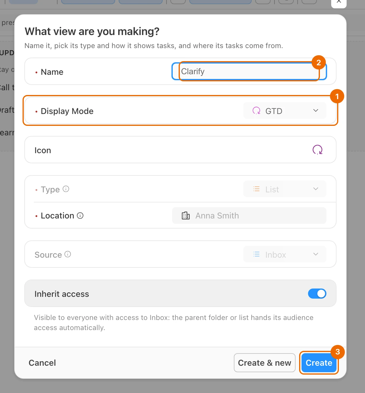 New view form opened from the Inbox list: Display Mode GTD, Name Clarify, and the Create button