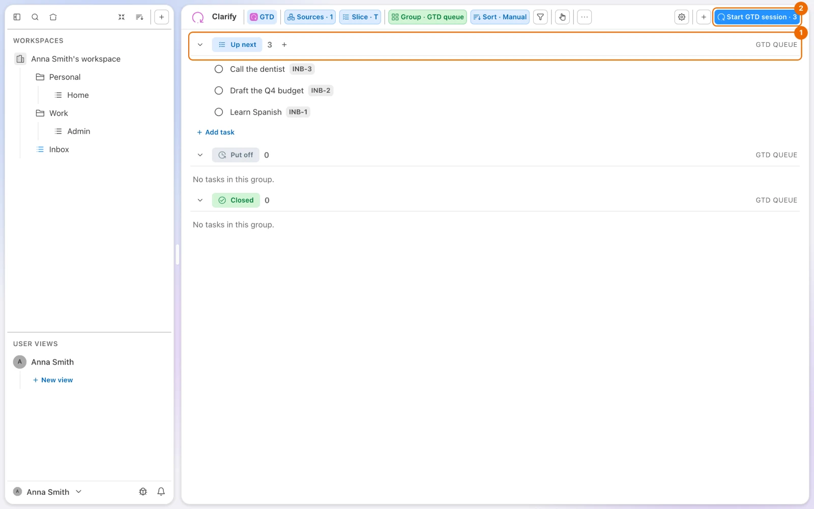 GTD view Clarify before a session: Call the dentist, Draft the Q4 budget and Learn Spanish under Up next, and the Start GTD session · 3 button