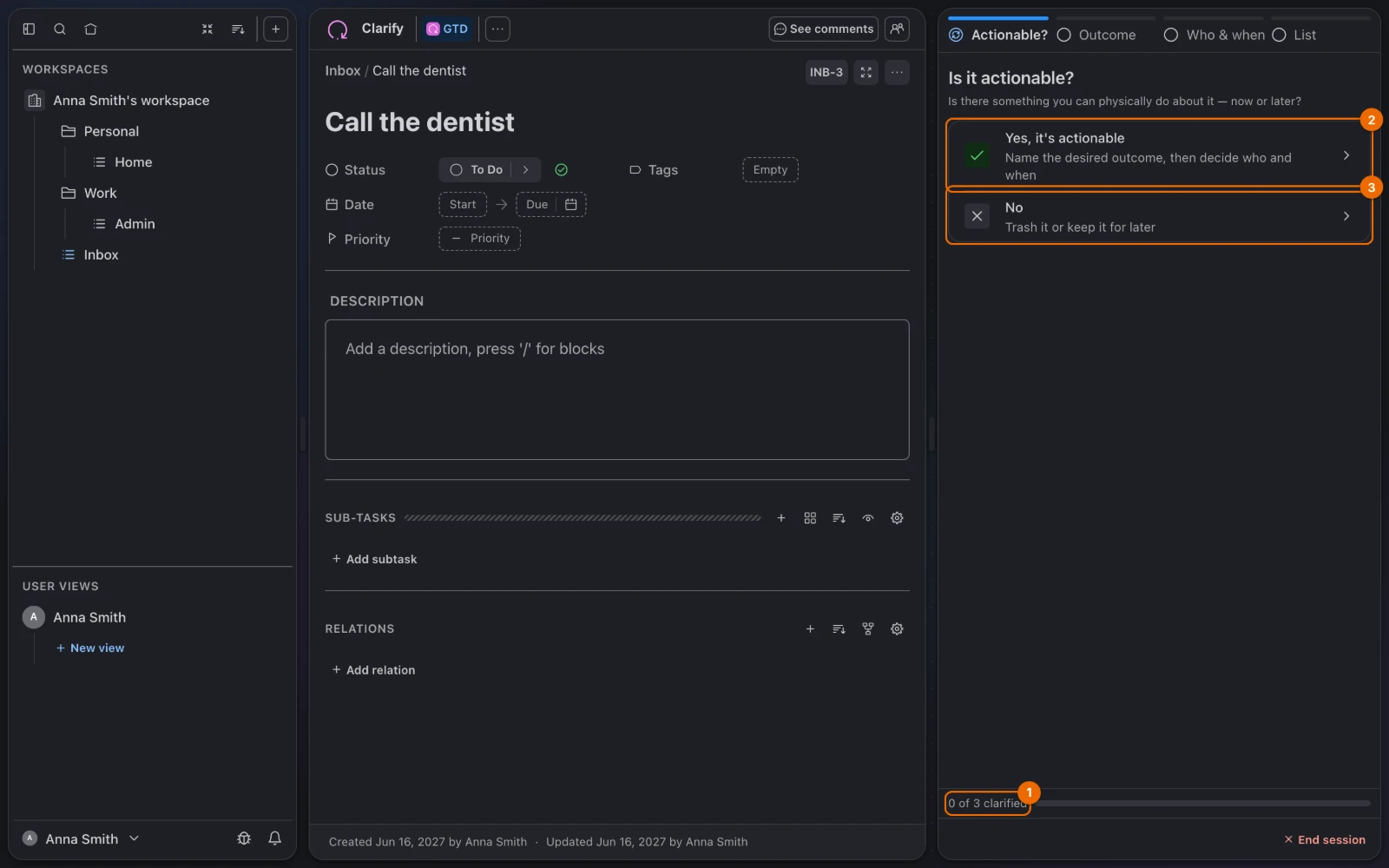GTD view Clarify with a session started: the card shows Call the dentist, the Guided GTD panel asks Is it actionable? and counts 0 of 3 clarified