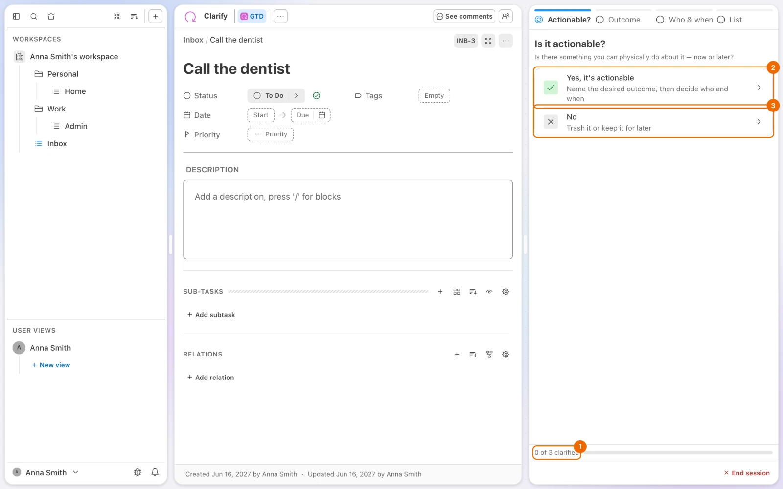 GTD view Clarify with a session started: the card shows Call the dentist, the Guided GTD panel asks Is it actionable? and counts 0 of 3 clarified