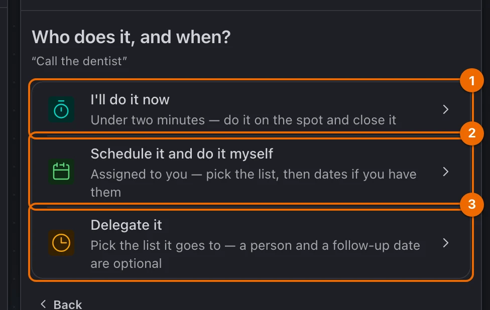 Guided GTD panel asking Who does it, and when?, with I'll do it now, Schedule it and do it myself, and Delegate it