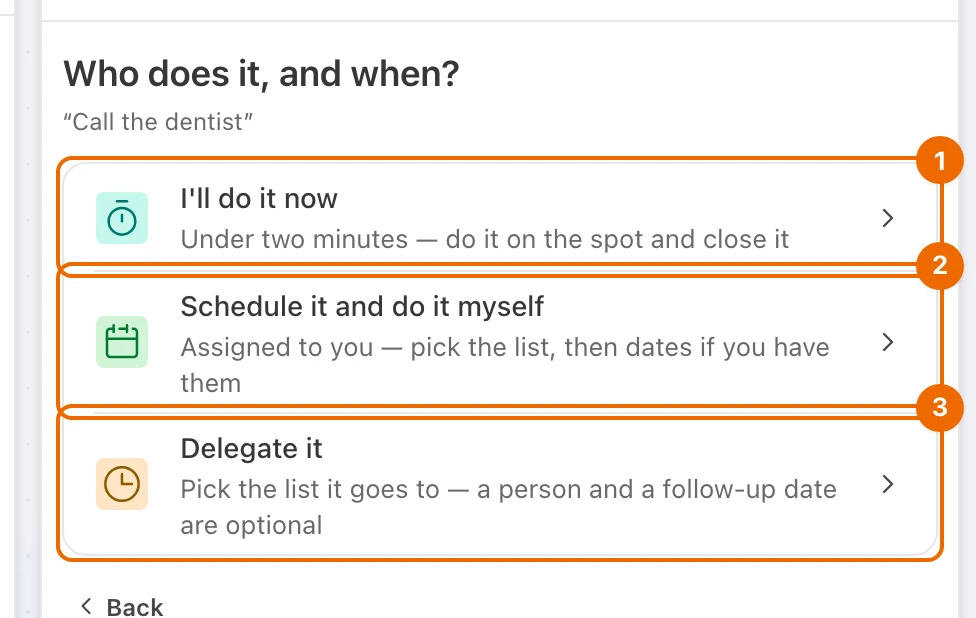 Guided GTD panel asking Who does it, and when?, with I'll do it now, Schedule it and do it myself, and Delegate it