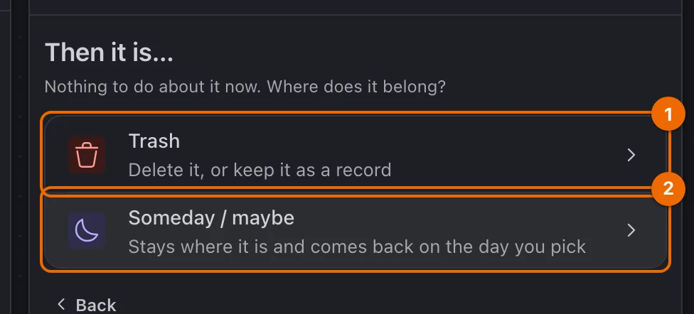 Guided GTD panel saying Then it is… for Learn Spanish, with Trash and Someday / maybe