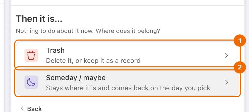 Guided GTD panel saying Then it is… for Learn Spanish, with Trash and Someday / maybe