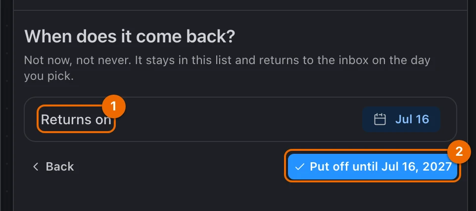 Guided GTD panel asking When does it come back? for Learn Spanish, with Returns on a month ahead and the Put off until button