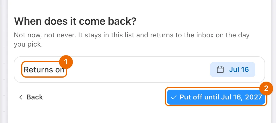 Guided GTD panel asking When does it come back? for Learn Spanish, with Returns on a month ahead and the Put off until button