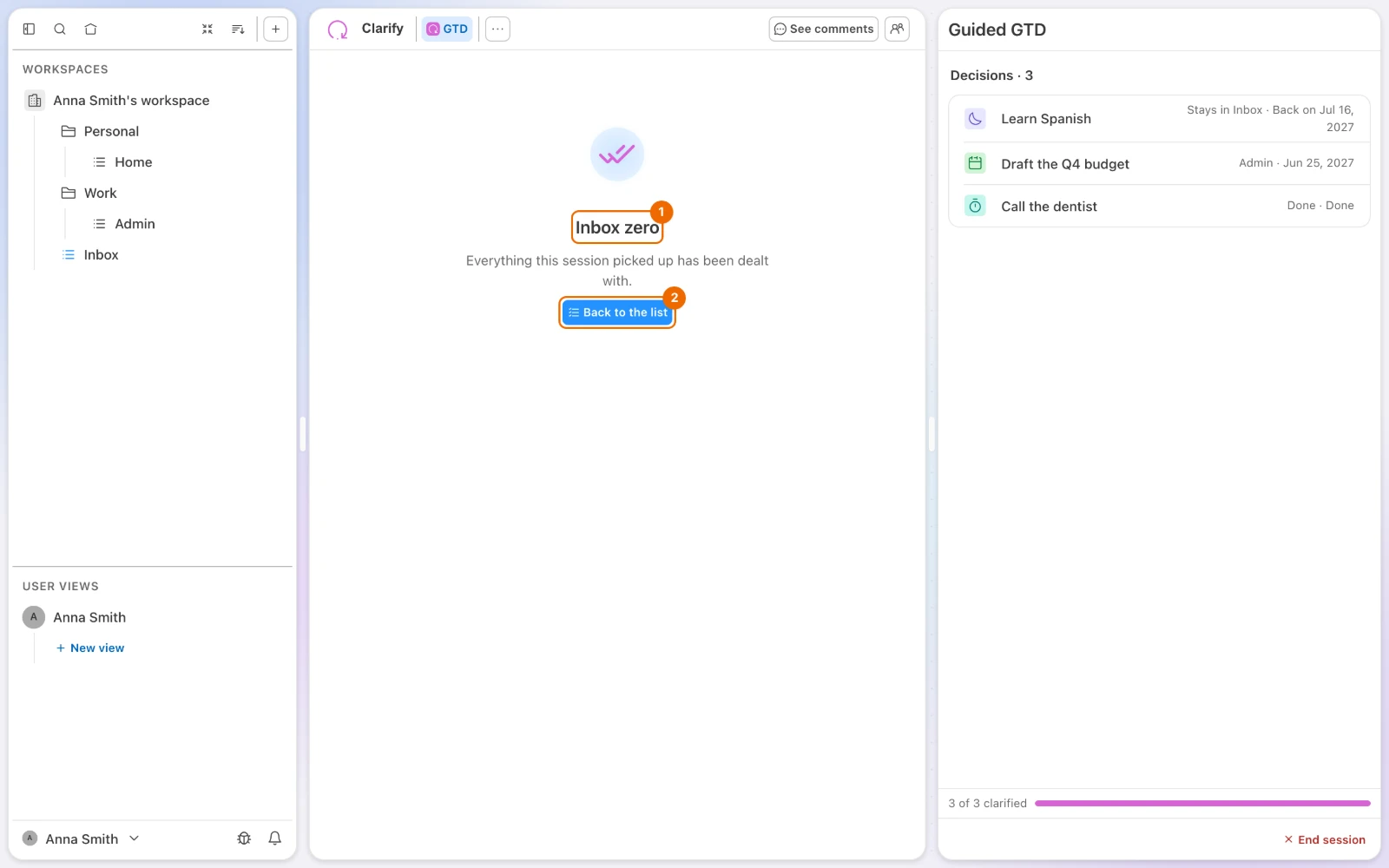 GTD view at the end of the session: Inbox zero, 3 of 3 clarified, the decisions listed and the Back to the list button