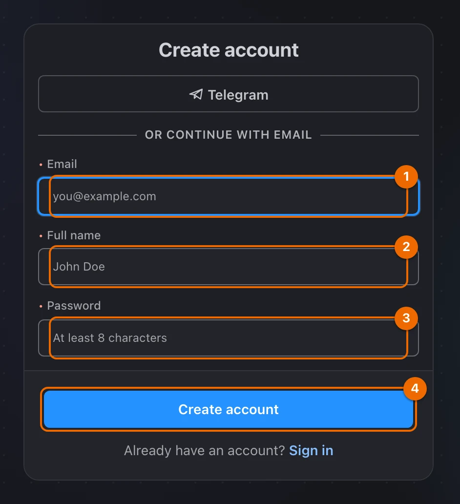 Create account form, still empty: the Email, Full name and Password fields and the Create account button