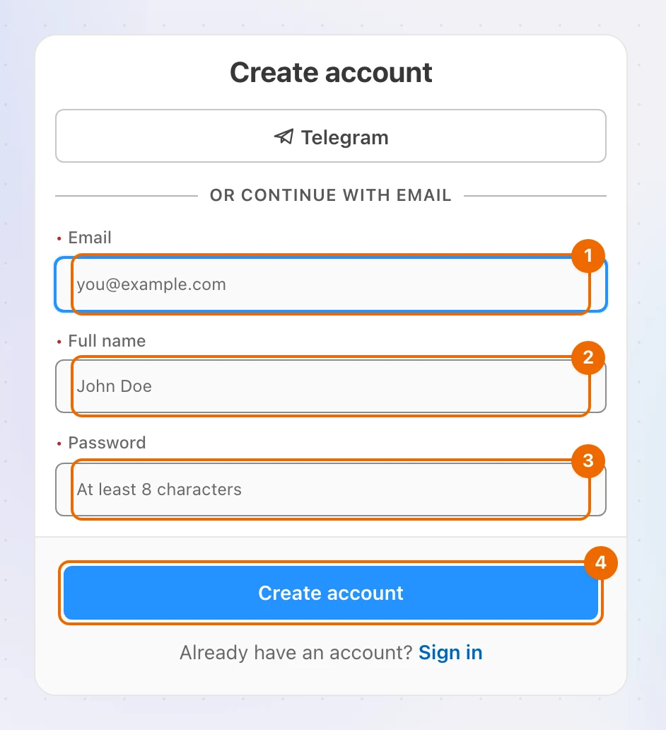 Create account form, still empty: the Email, Full name and Password fields and the Create account button