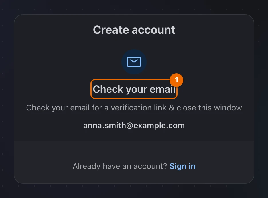 Create account card saying Check your email, with the address that was just registered