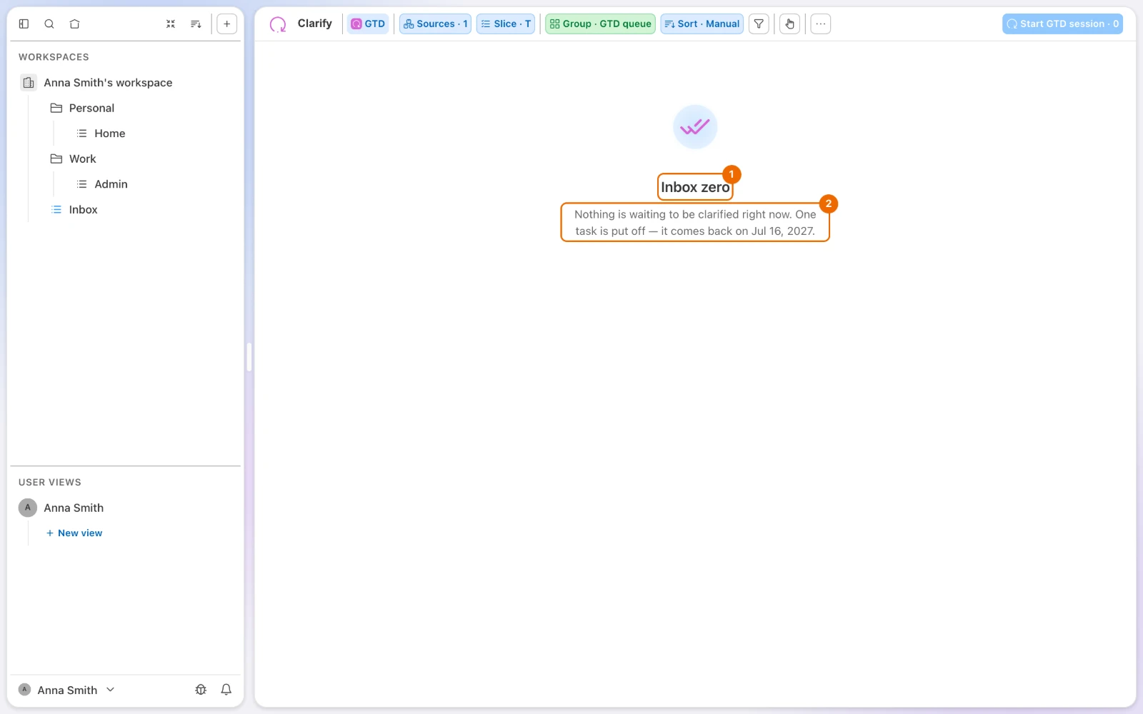 GTD view Clarify after the session: Inbox zero and the hint that one task is put off and the date it comes back