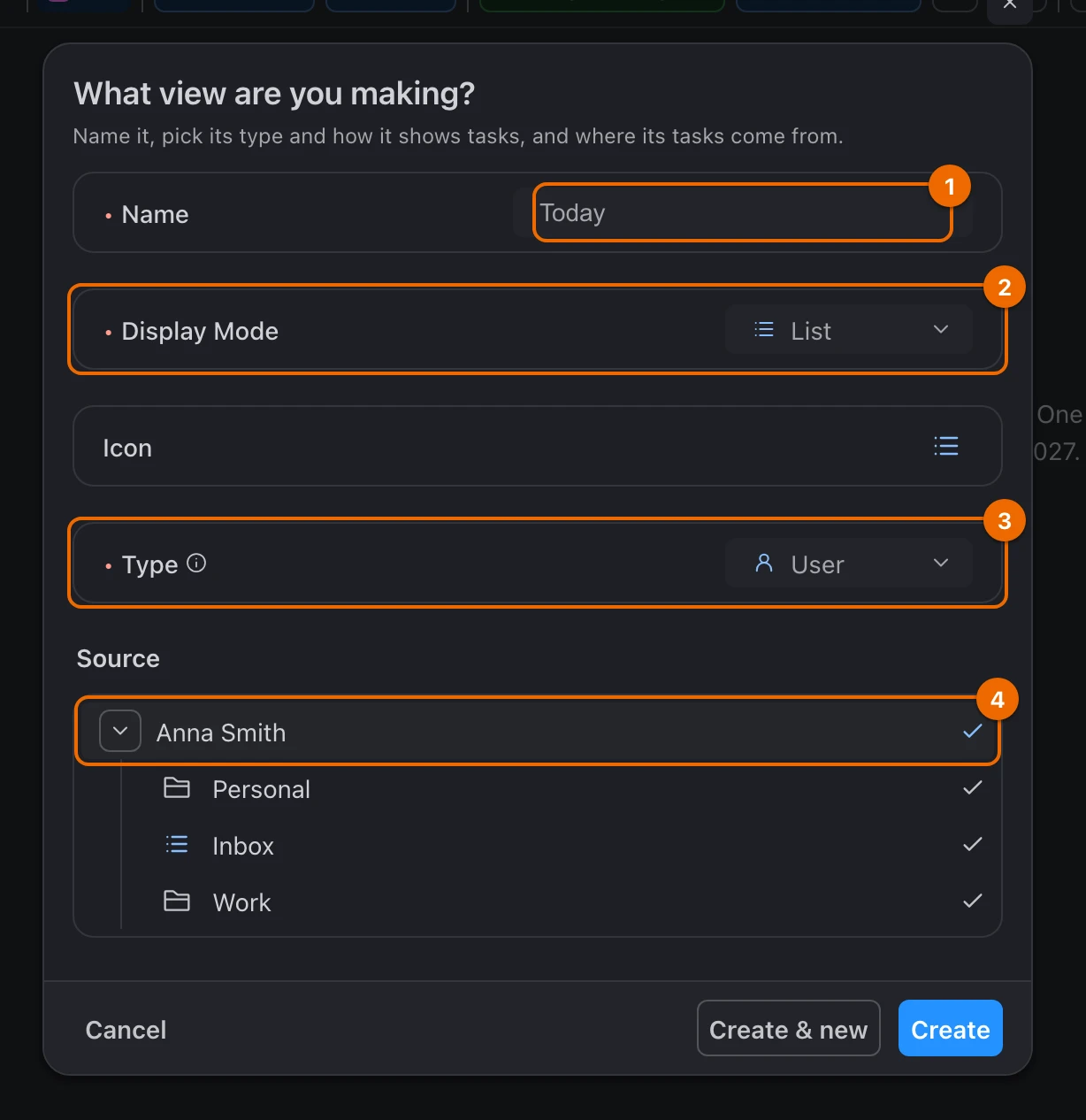New view form from the Create menu: Name Today, Display Mode List, Type User and the workspace ticked in Source