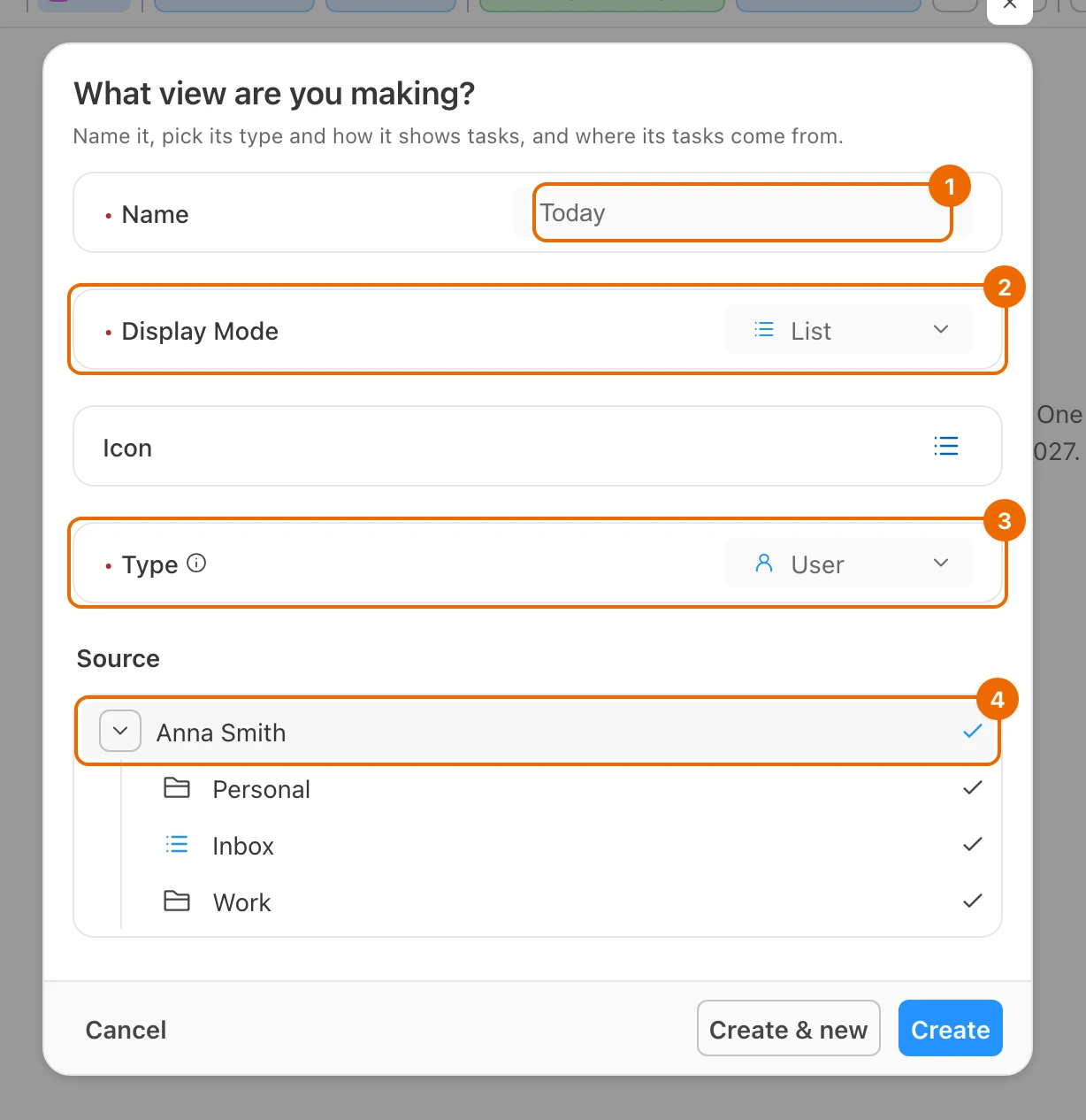 New view form from the Create menu: Name Today, Display Mode List, Type User and the workspace ticked in Source