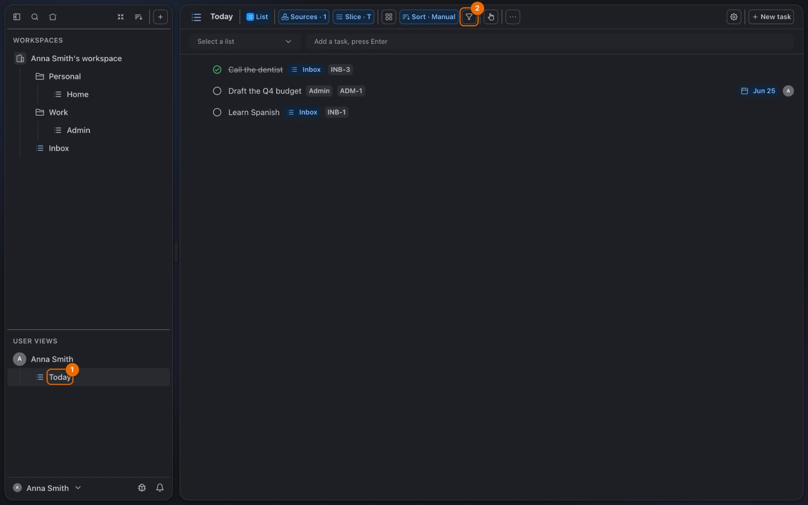 The new personal view Today listing the tasks of the workspace, with Today under User Views and the Filter button
