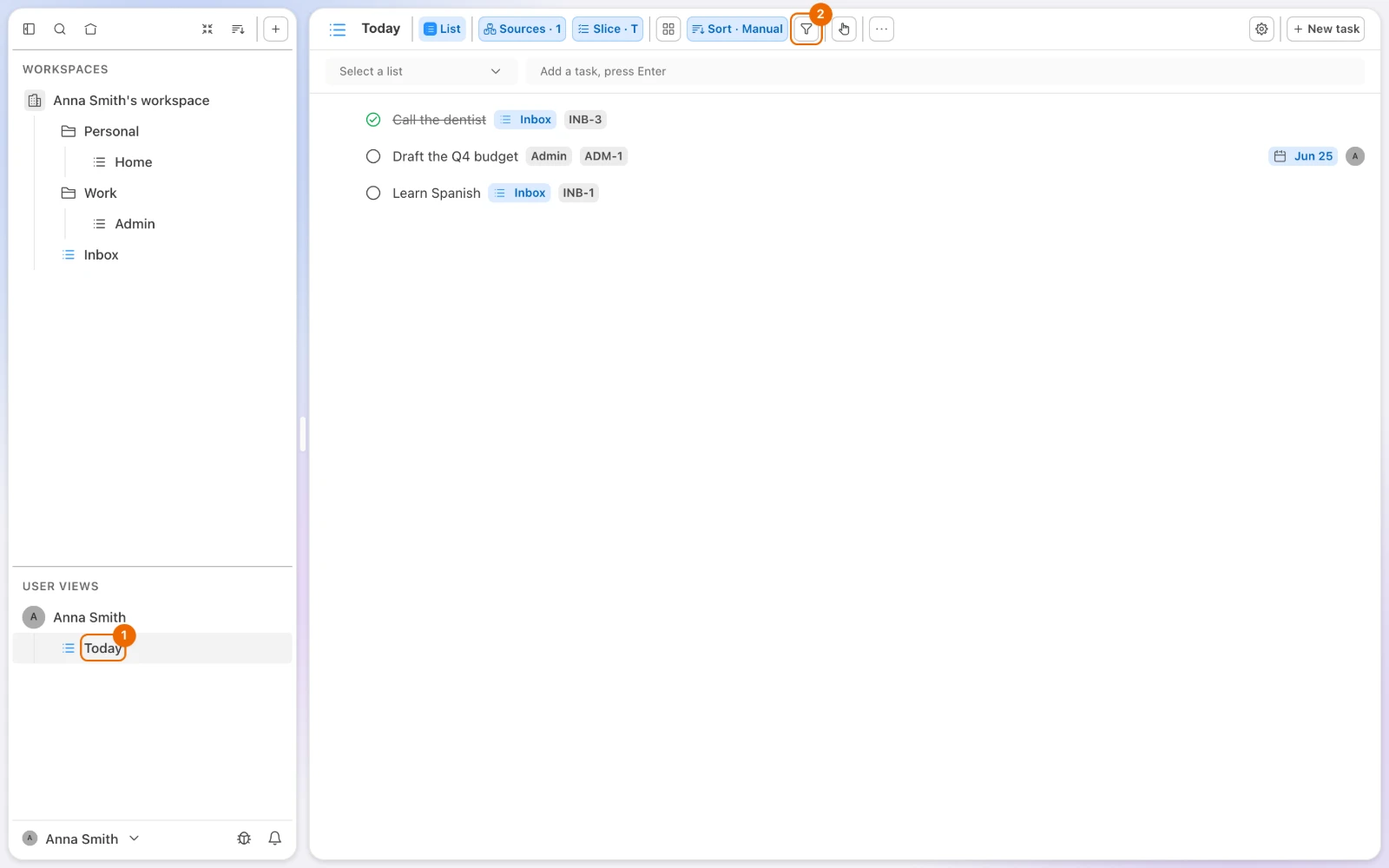 The new personal view Today listing the tasks of the workspace, with Today under User Views and the Filter button