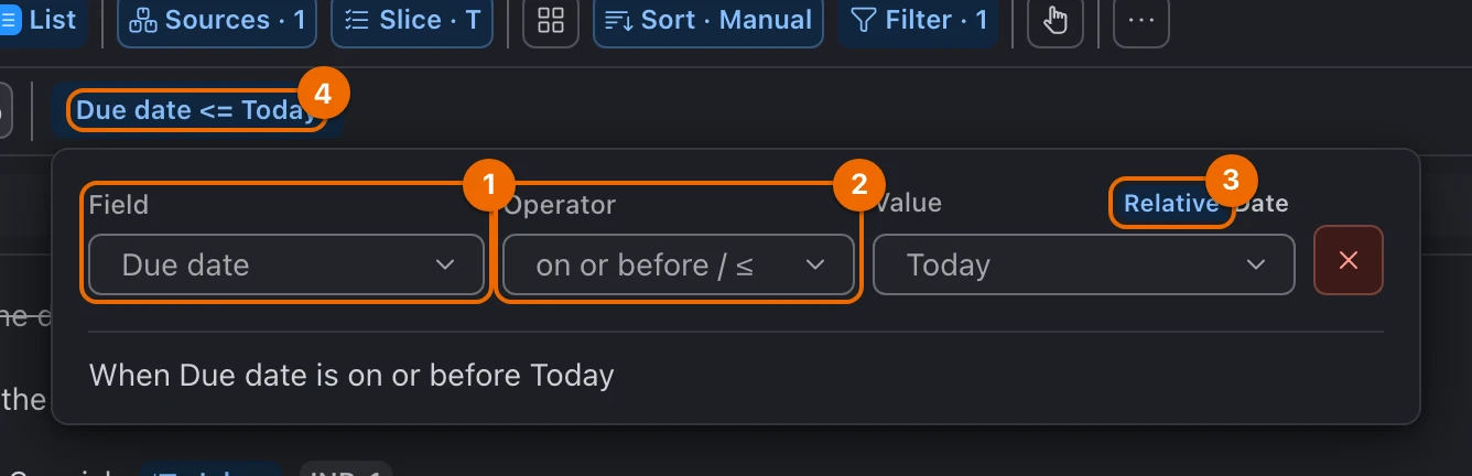 Filter rule editor on the Today view: Field Due date, Operator on or before, Relative value Today, and the chip Due date <= Today