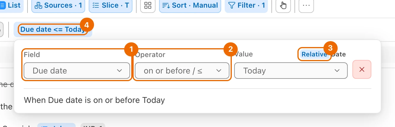 Filter rule editor on the Today view: Field Due date, Operator on or before, Relative value Today, and the chip Due date <= Today