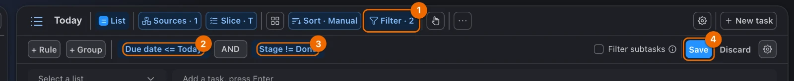 Filter strip of the Today view with the rules Due date <= Today and Stage != Done, the Filter button and Save