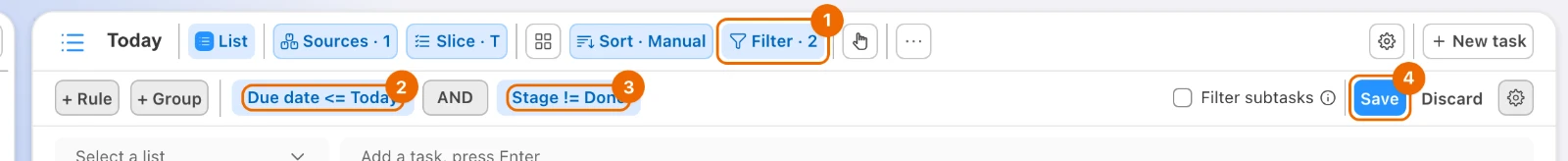 Filter strip of the Today view with the rules Due date <= Today and Stage != Done, the Filter button and Save