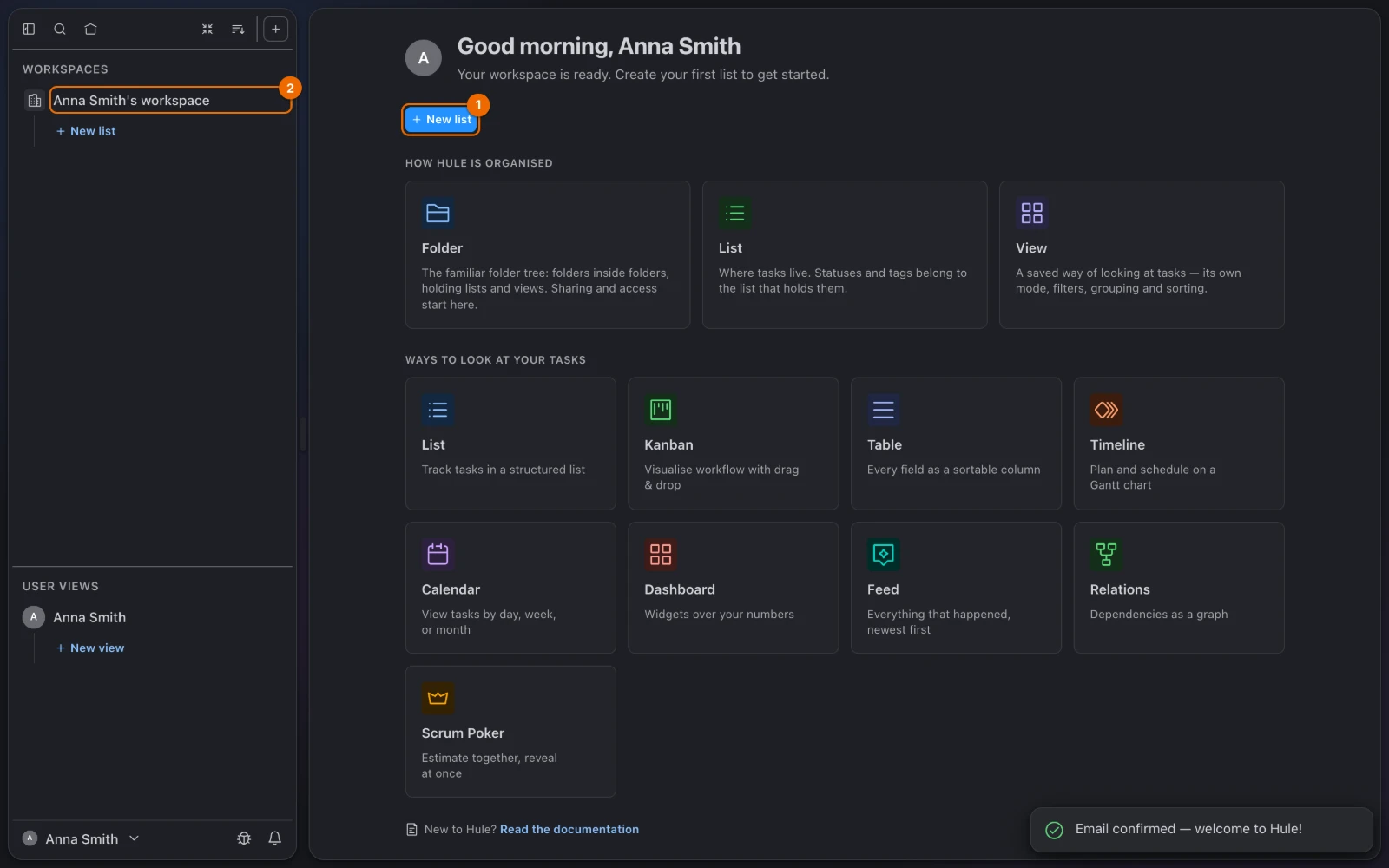 Home page of a new account: Your workspace is ready. Create your first list to get started, the New list button, and Anna Smith's workspace in the sidebar