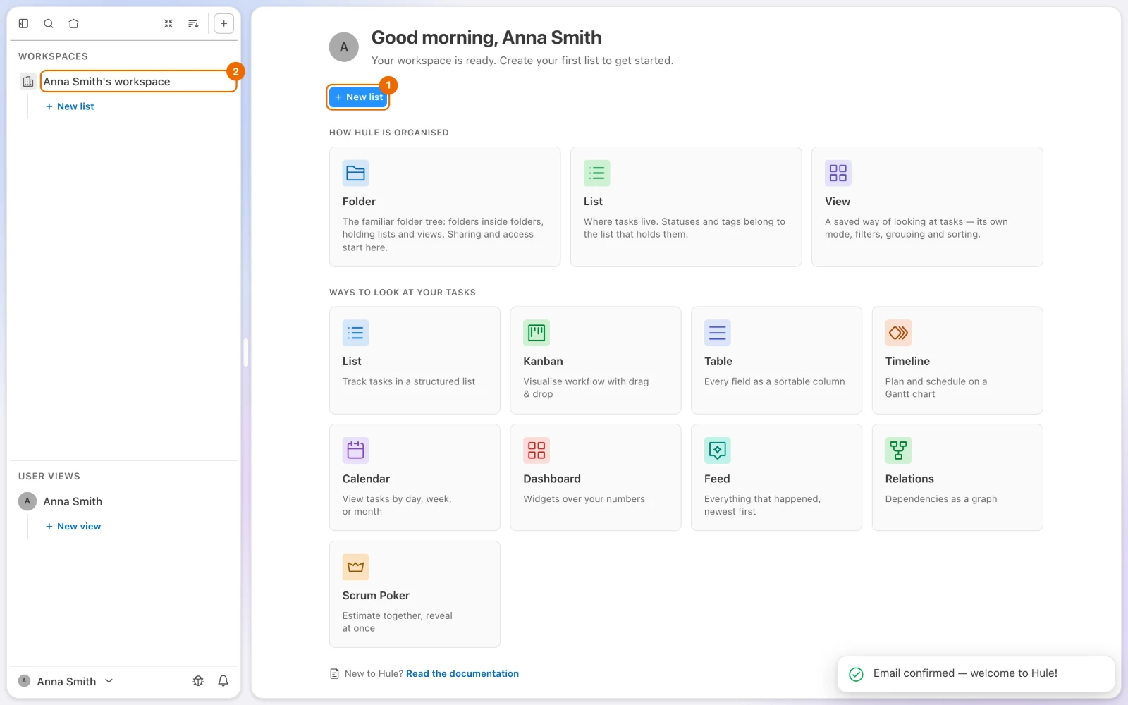 Home page of a new account: Your workspace is ready. Create your first list to get started, the New list button, and Anna Smith's workspace in the sidebar