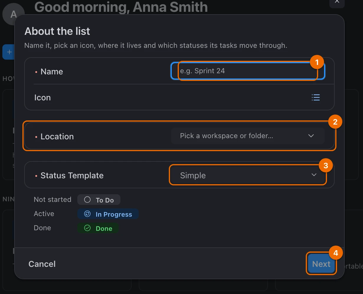New list form on its Details step, still empty: Name, Location, Status Template set to Simple, and the Next button