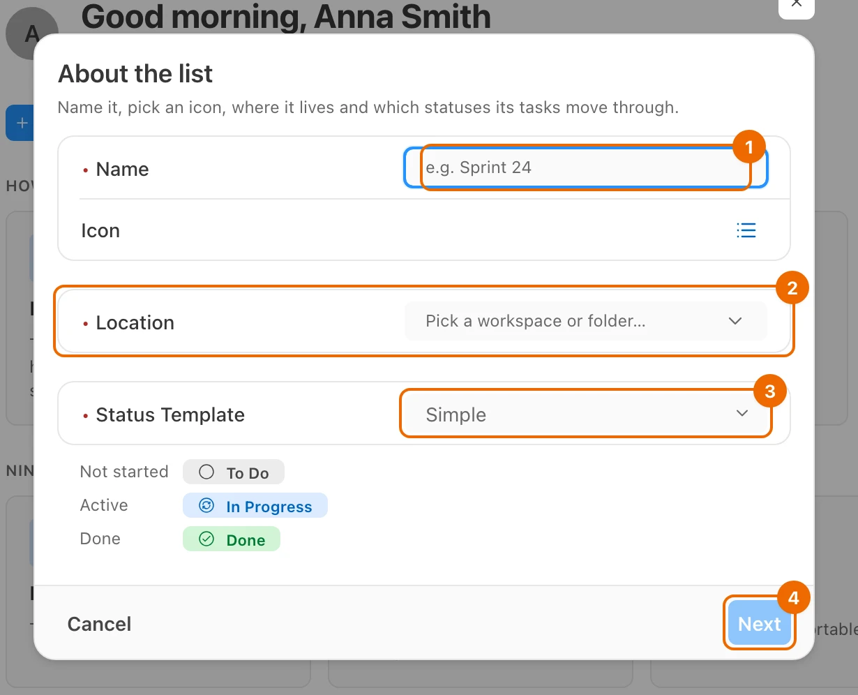 New list form on its Details step, still empty: Name, Location, Status Template set to Simple, and the Next button