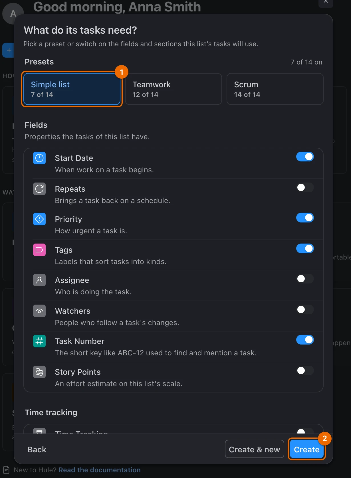 New list form on its Features step: the Simple list preset selected, 7 of 14 features on, and the Create button