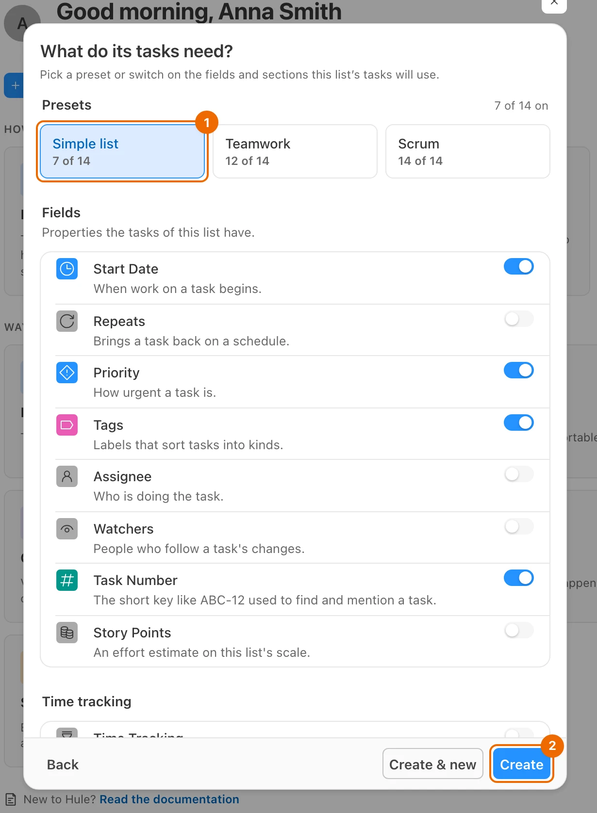 New list form on its Features step: the Simple list preset selected, 7 of 14 features on, and the Create button