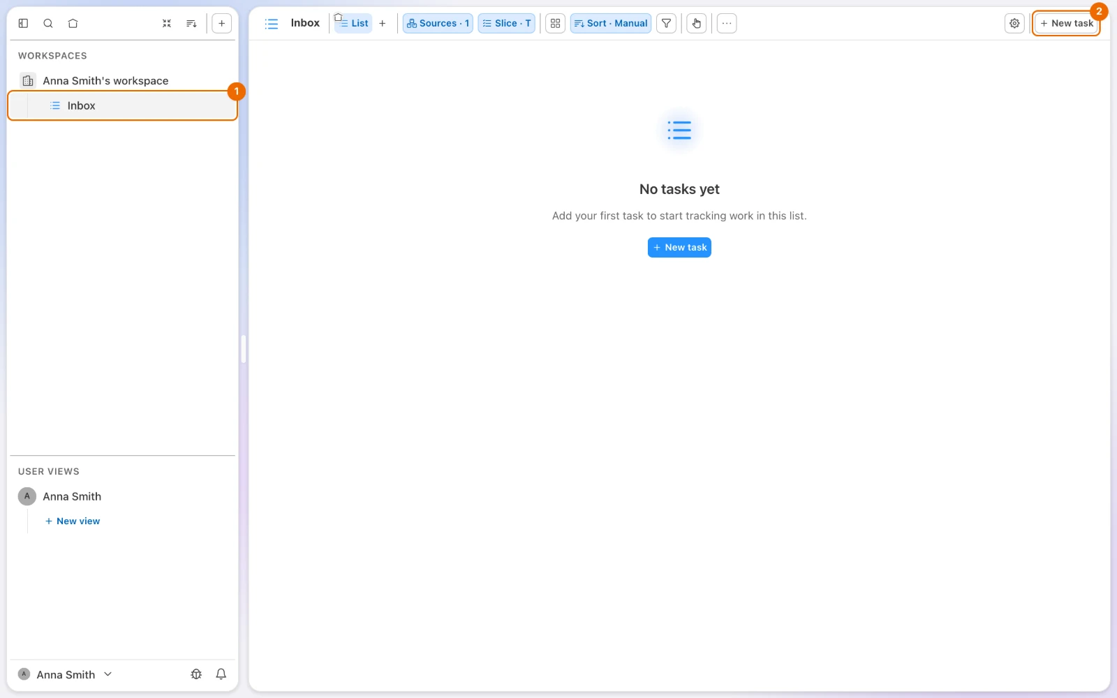 The new Inbox list, empty, with Inbox in the sidebar under the workspace and the New task button