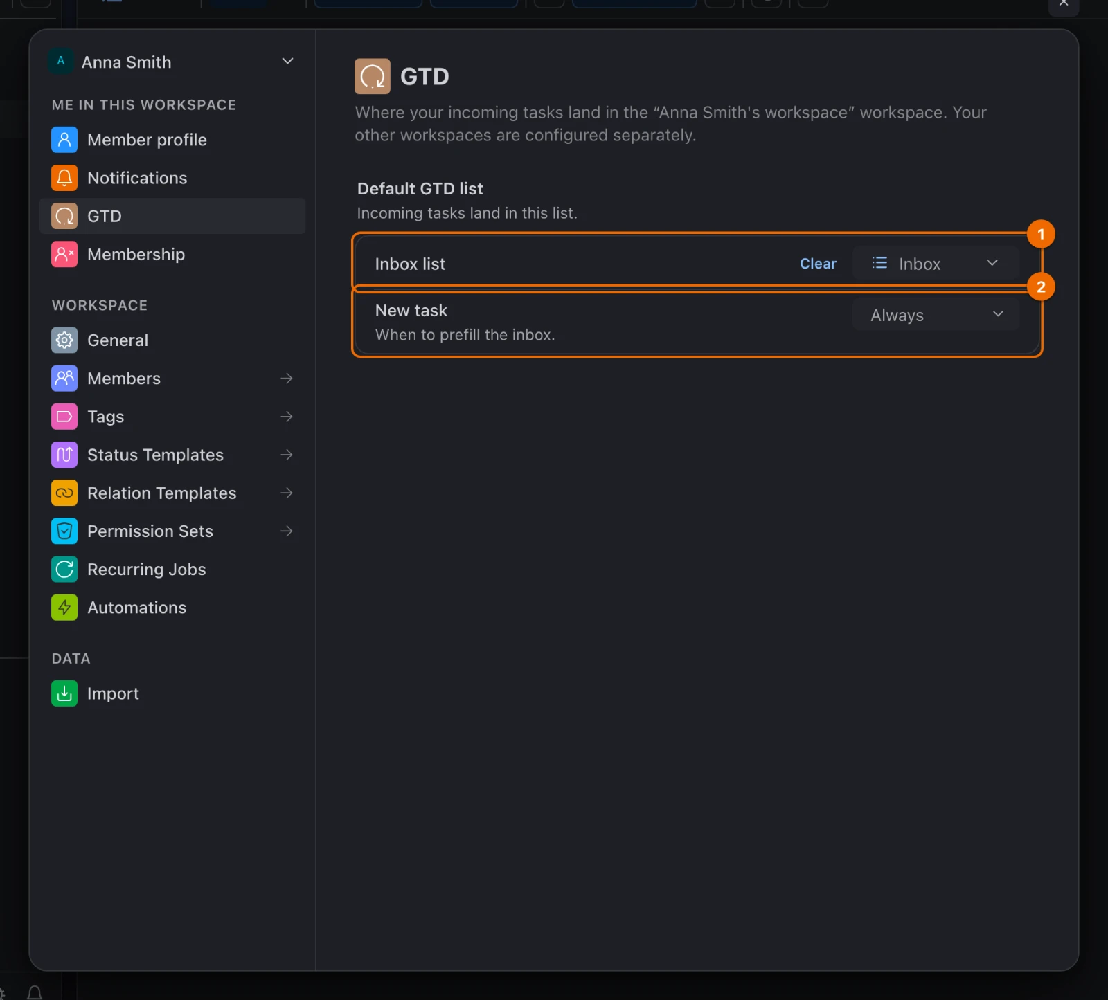 Workspace settings, GTD page: Inbox list set to Inbox and New task set to Always