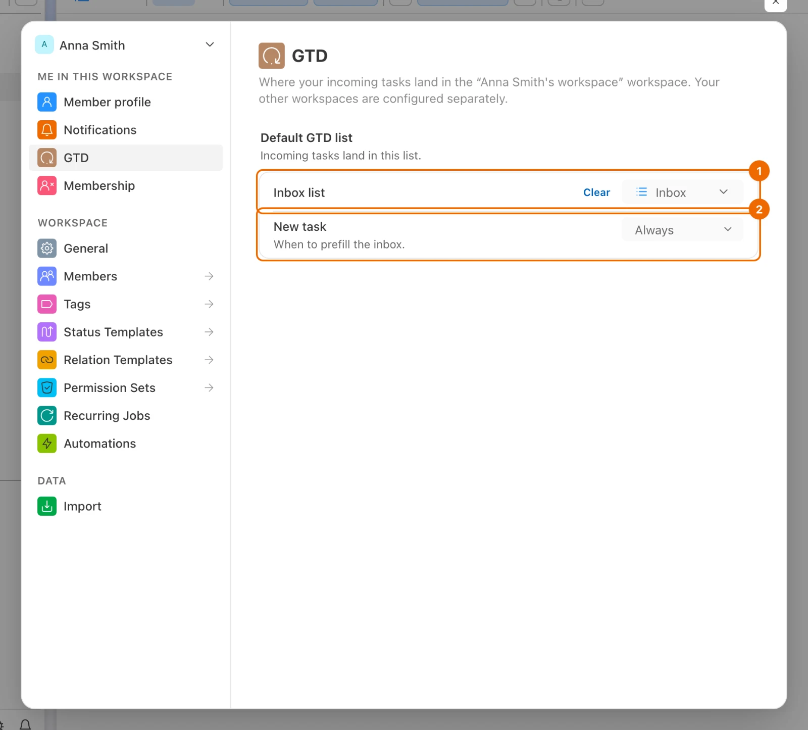 Workspace settings, GTD page: Inbox list set to Inbox and New task set to Always