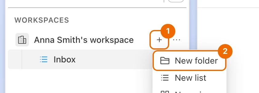 The + menu open on the workspace row in the sidebar, with New folder, New list and New view