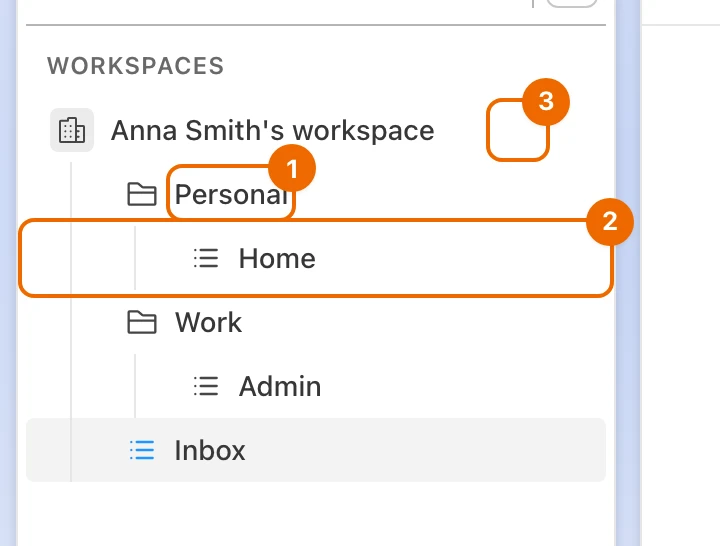 Sidebar tree of Anna Smith's workspace: the Personal folder with the Home list, the Work folder with the Admin list, and the Inbox list