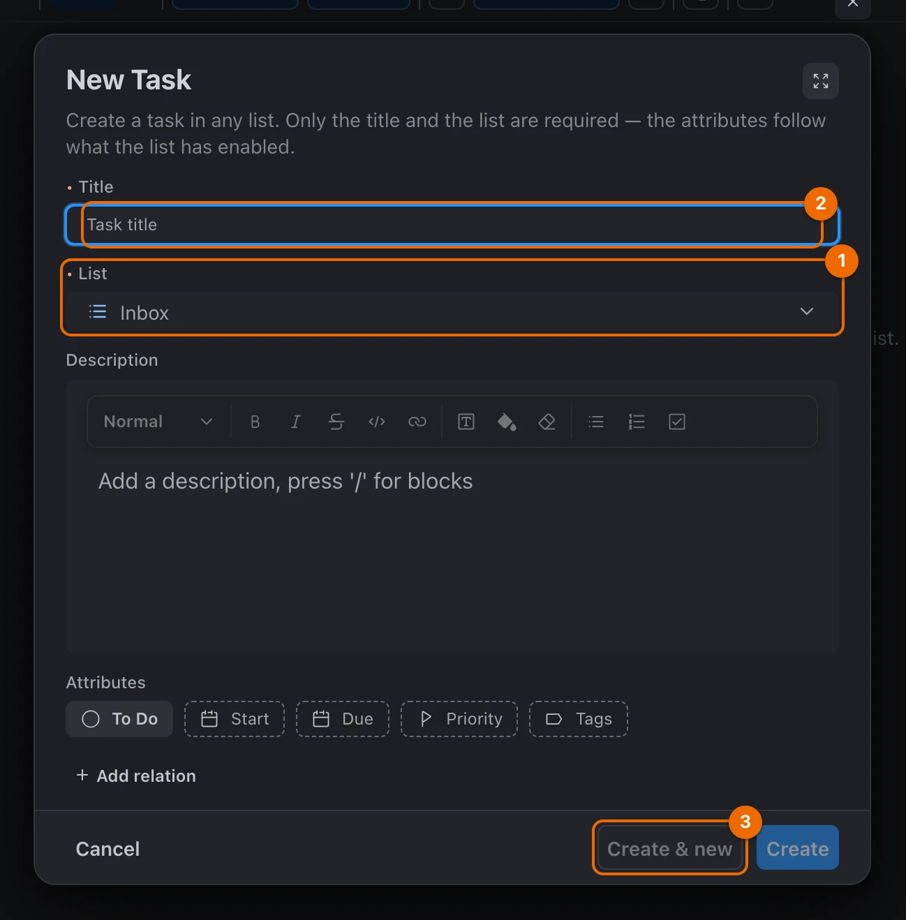 New Task form with List set to Inbox, an empty Title and the Create & new button