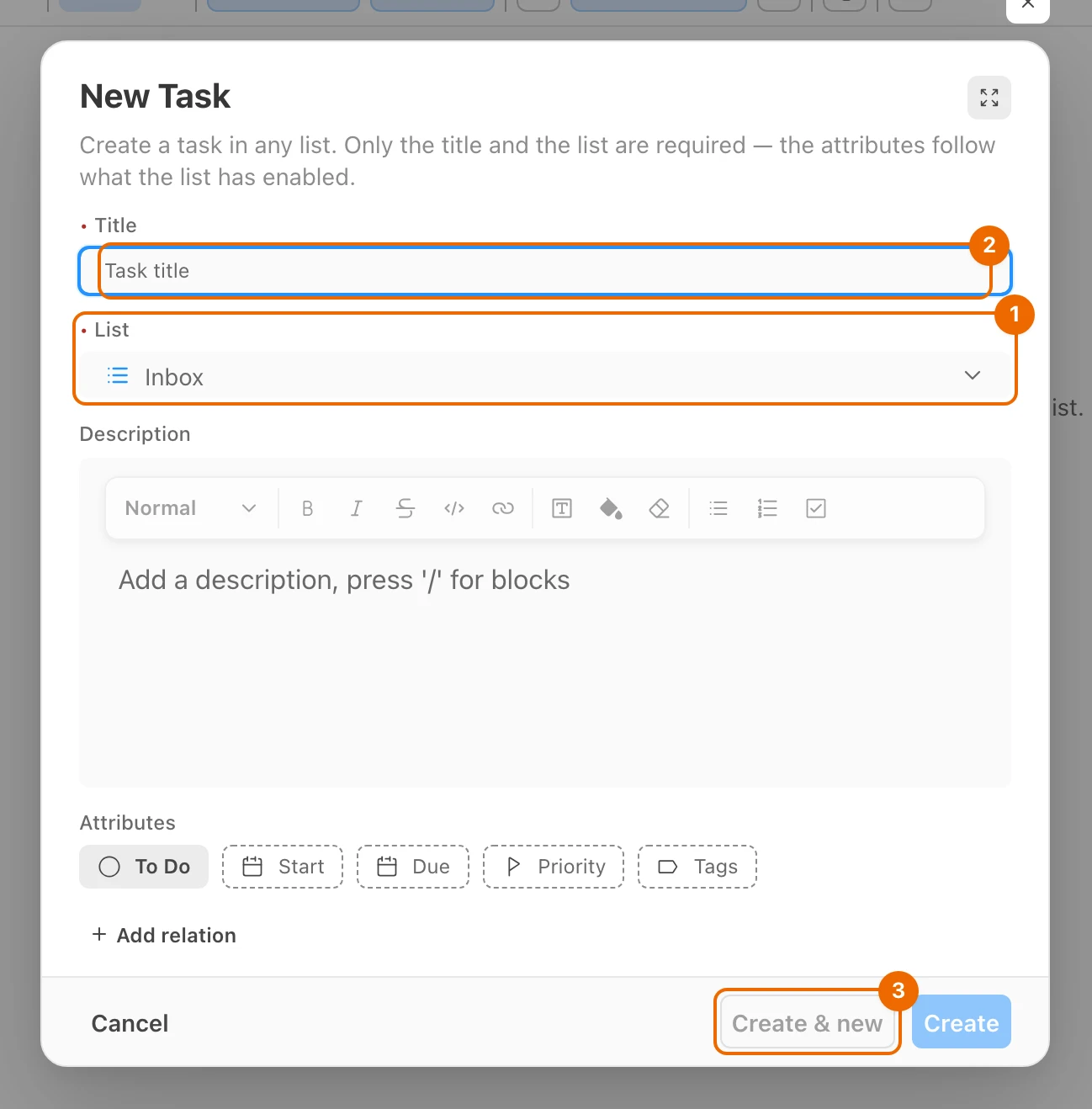 New Task form with List set to Inbox, an empty Title and the Create & new button