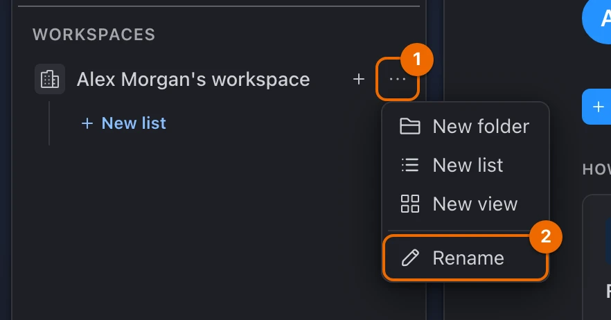 Sidebar, Workspaces section: the More actions menu of Alex Morgan's workspace is open, with Rename at the bottom