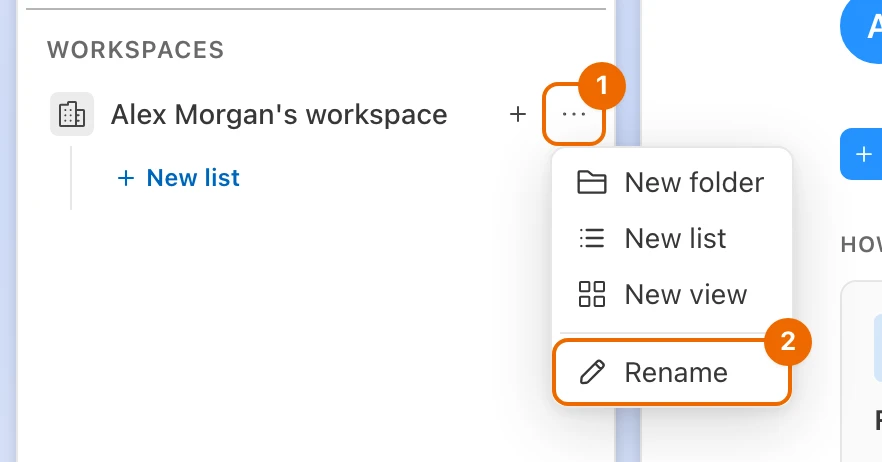 Sidebar, Workspaces section: the More actions menu of Alex Morgan's workspace is open, with Rename at the bottom