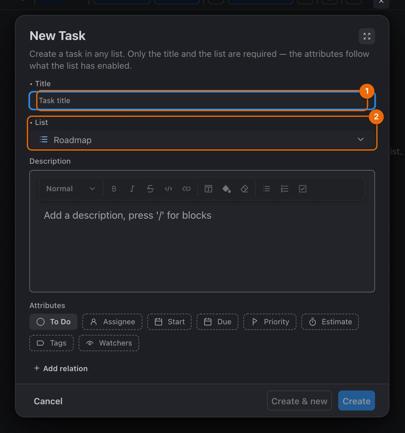 New Task form opened from the empty list: the Title field is empty and the List field is already set to Roadmap