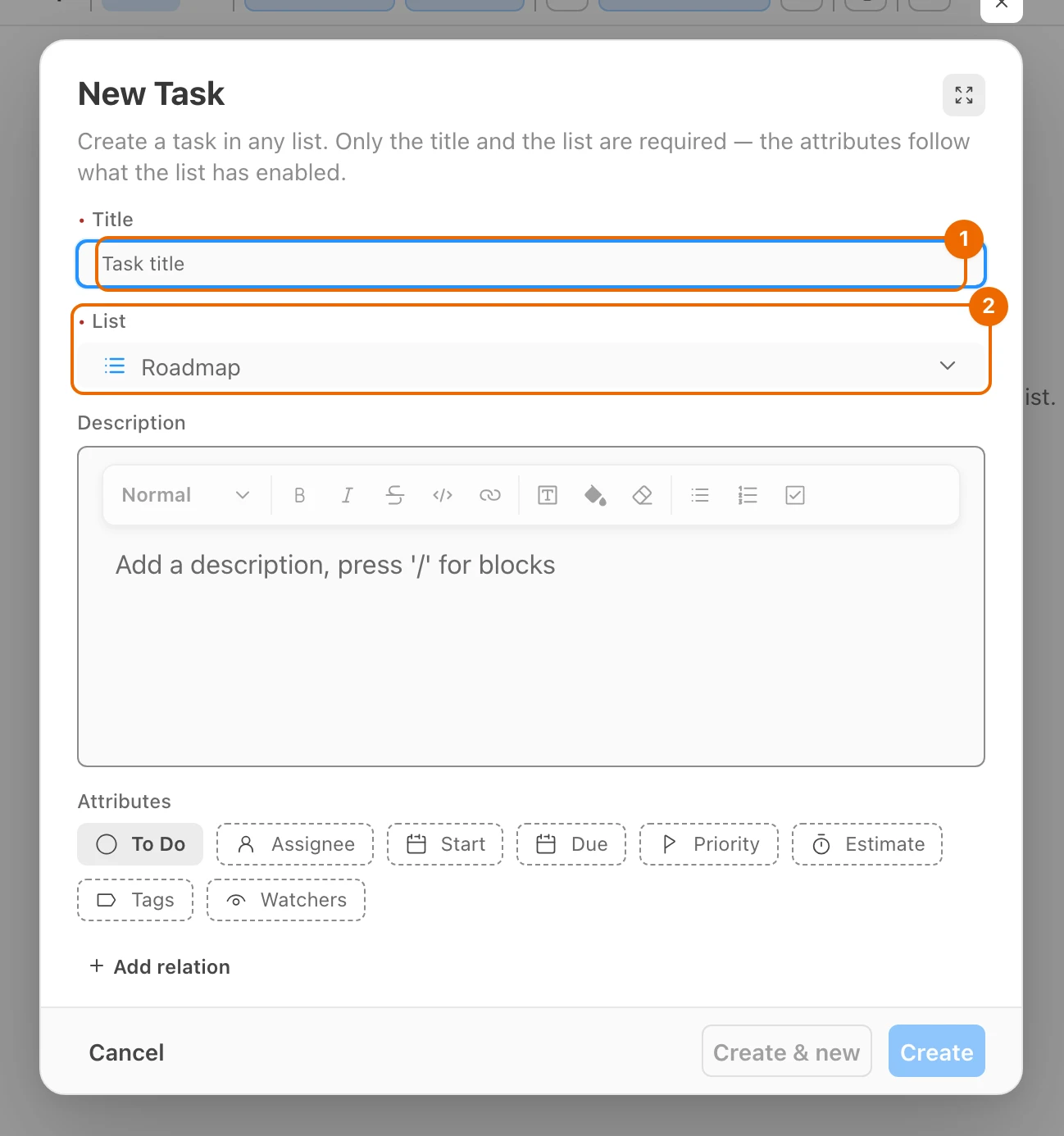New Task form opened from the empty list: the Title field is empty and the List field is already set to Roadmap