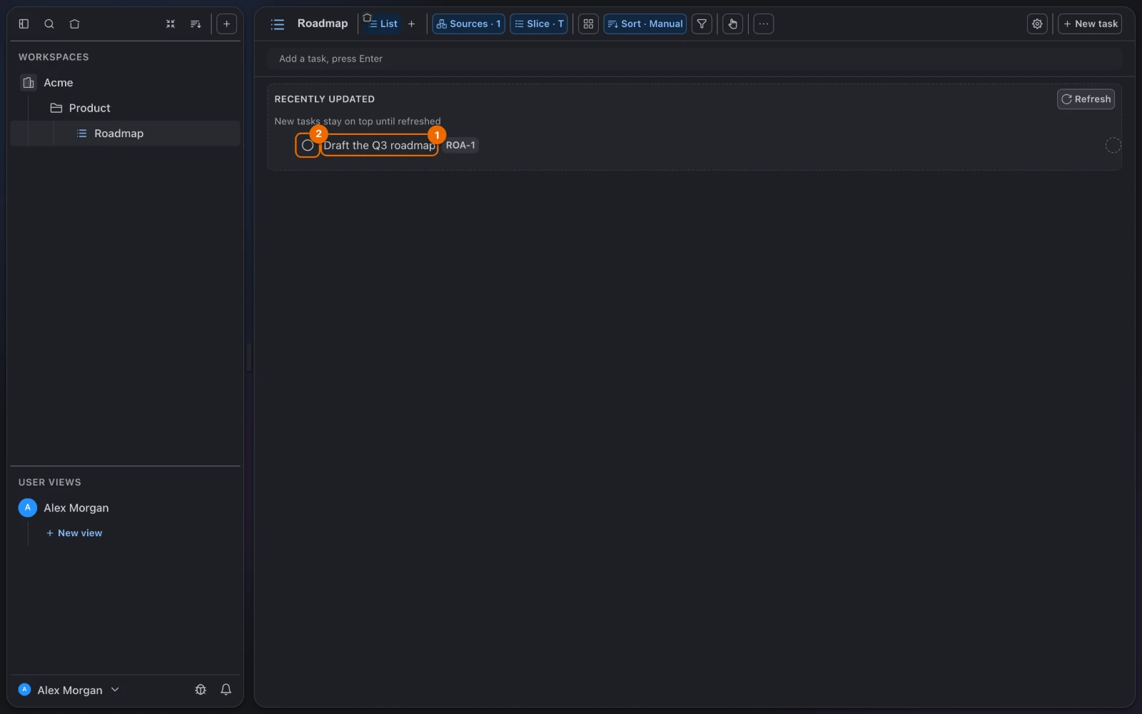 The list Roadmap with its first task, Draft the Q3 roadmap, and the To Do status mark at the start of its row