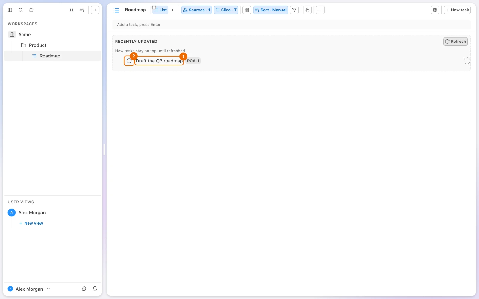 The list Roadmap with its first task, Draft the Q3 roadmap, and the To Do status mark at the start of its row