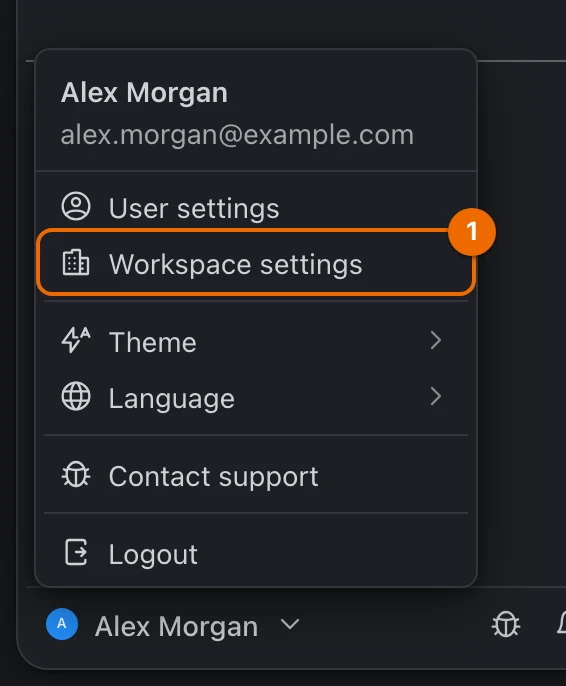 The menu under your name at the bottom of the sidebar, open, with Workspace settings in it