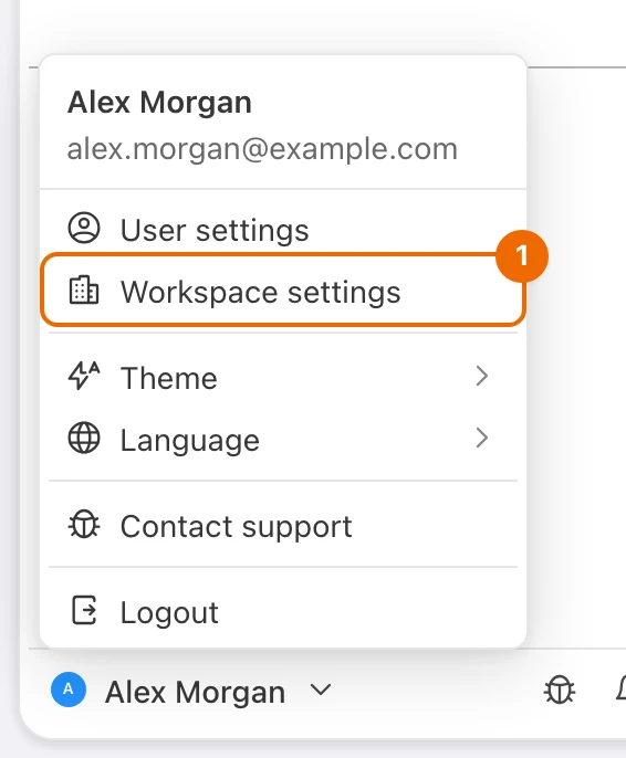 The menu under your name at the bottom of the sidebar, open, with Workspace settings in it