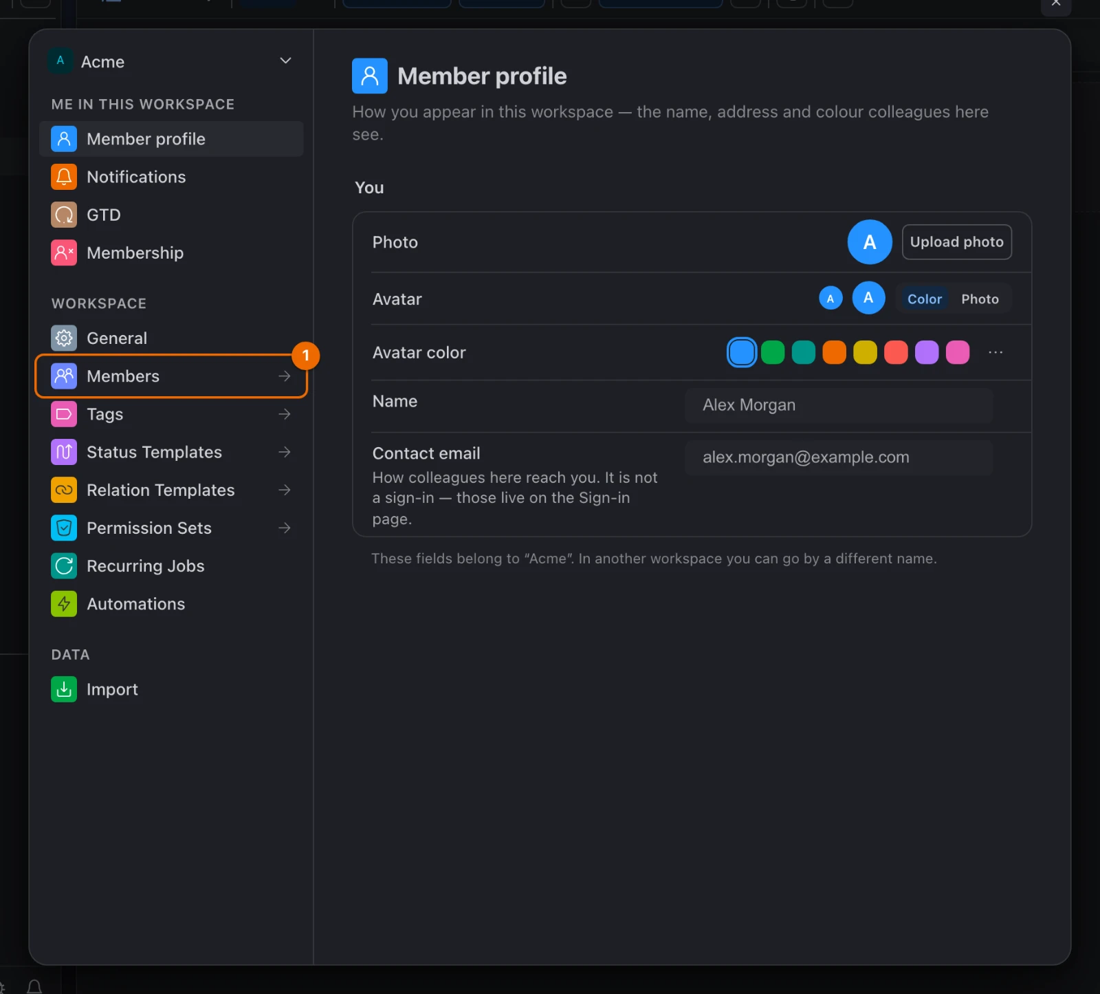 Workspace settings of Acme just opened, with Members in the settings menu on the left