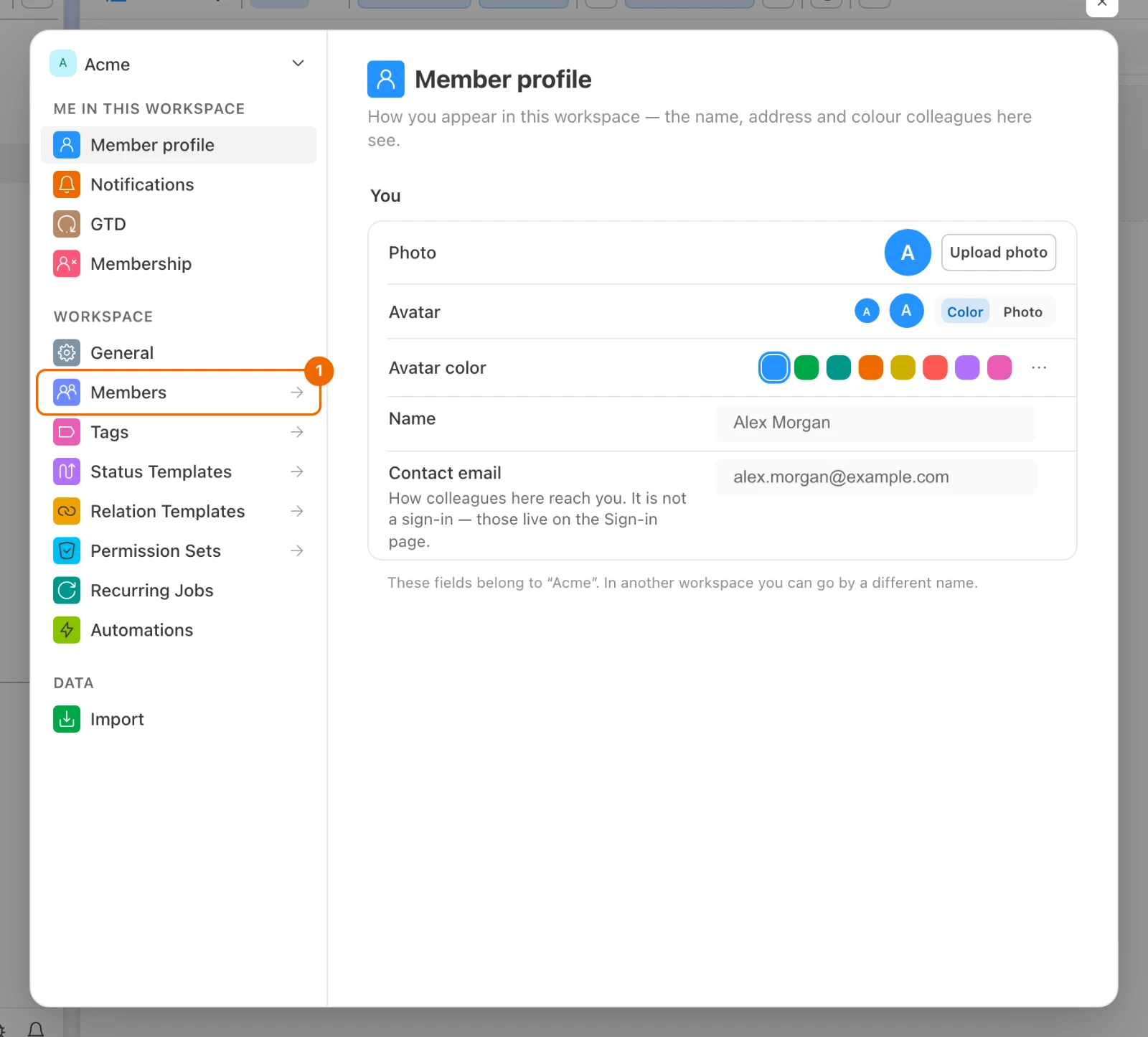 Workspace settings of Acme just opened, with Members in the settings menu on the left
